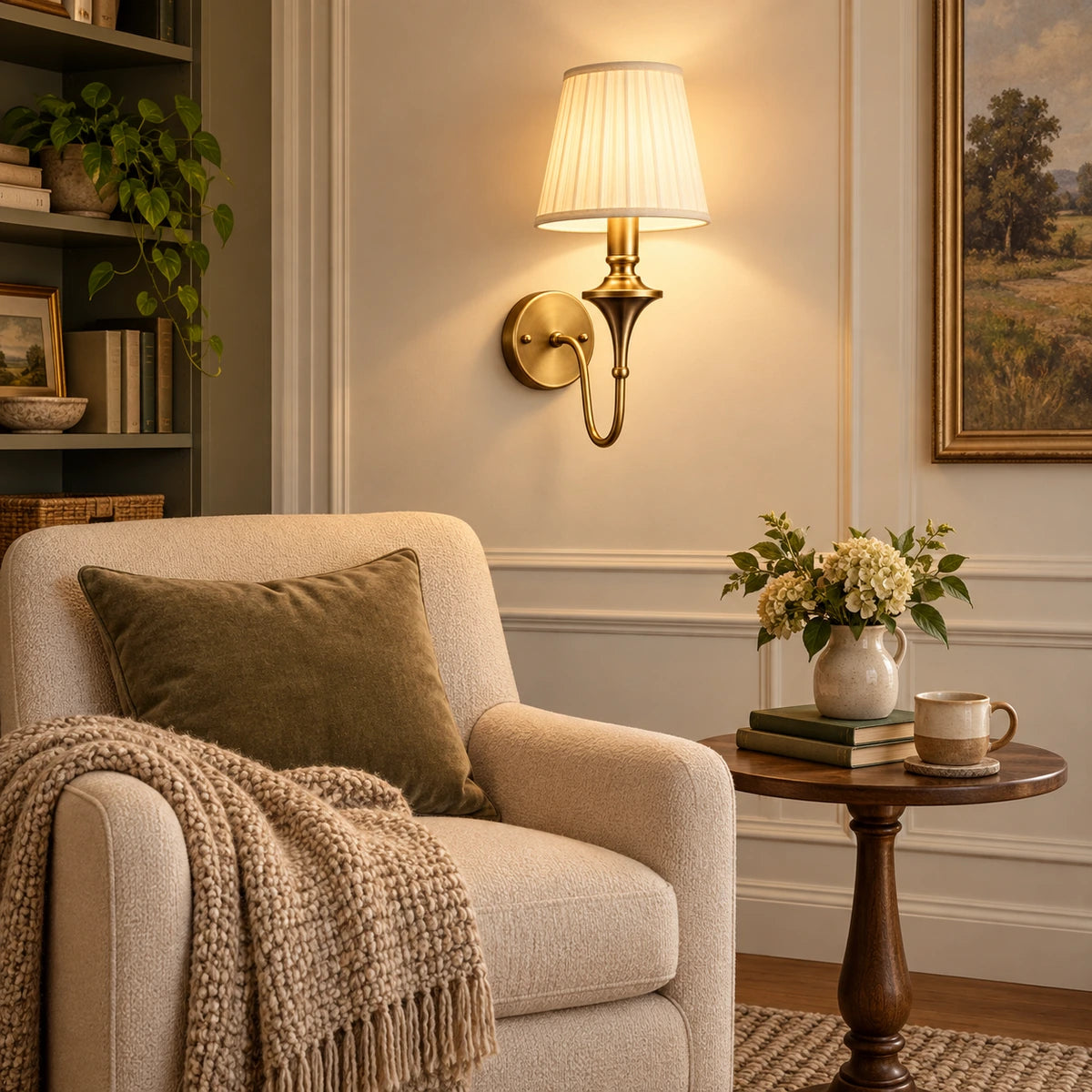 Tapered shade wall sconce illuminating an indoor reading corner