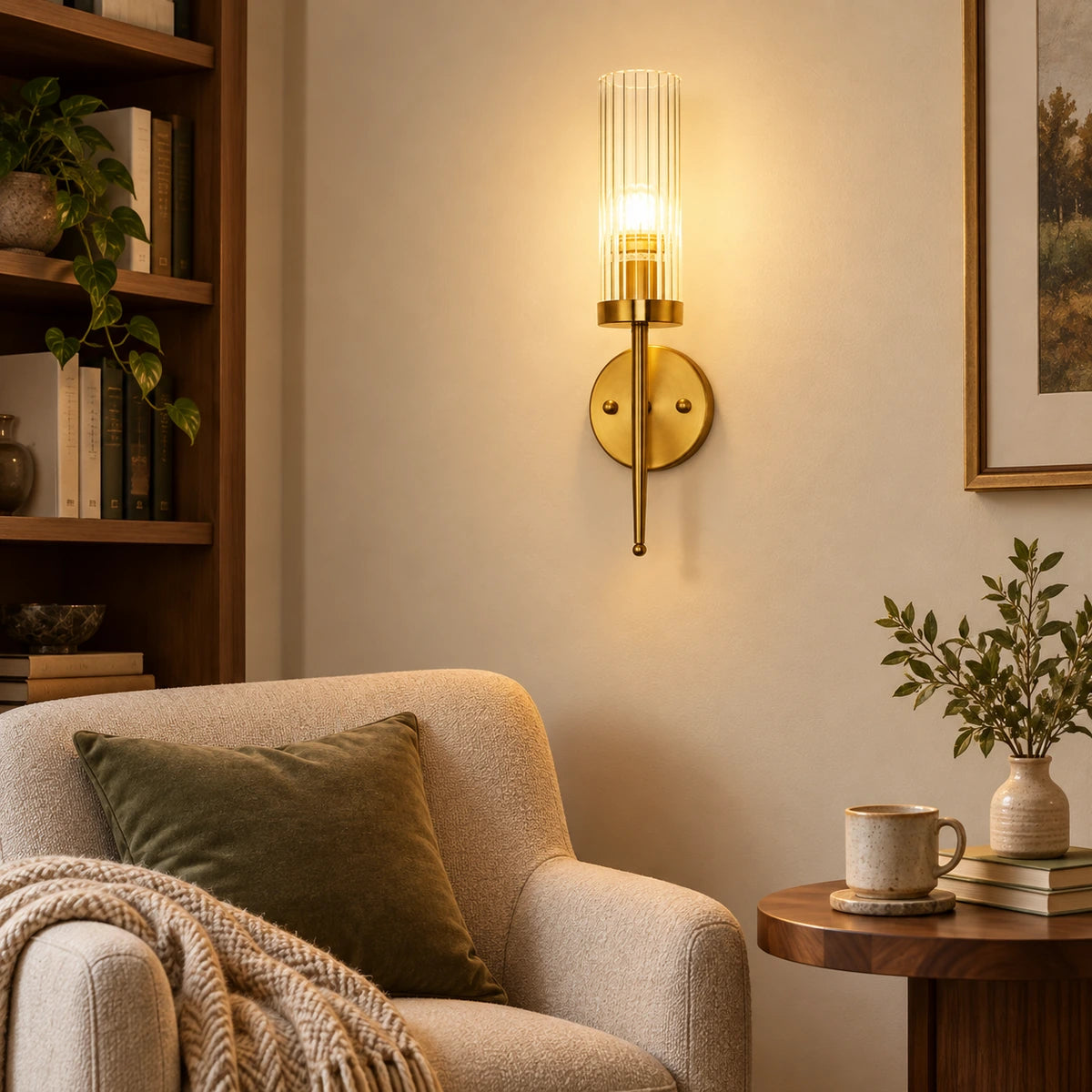 Ribbed glass cylinder wall sconce illuminating an indoor reading corner