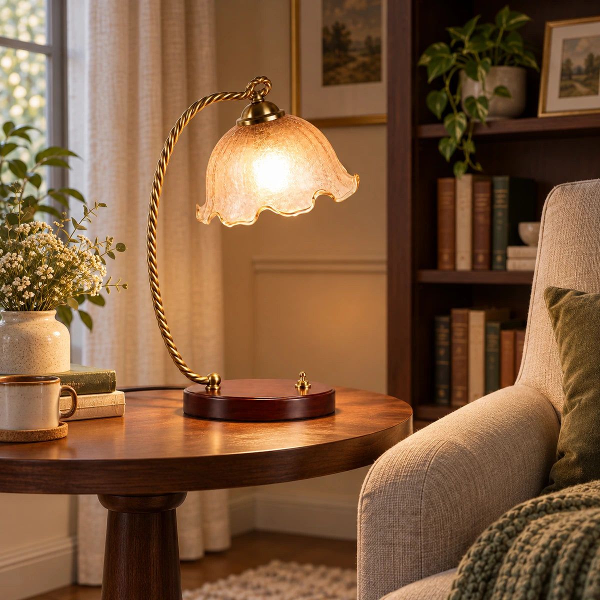 Amber tulip table lamp beside a lounge chair