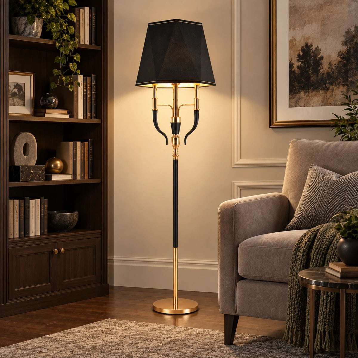 Three-arm shaded floor lamp beside a bookshelf and chair