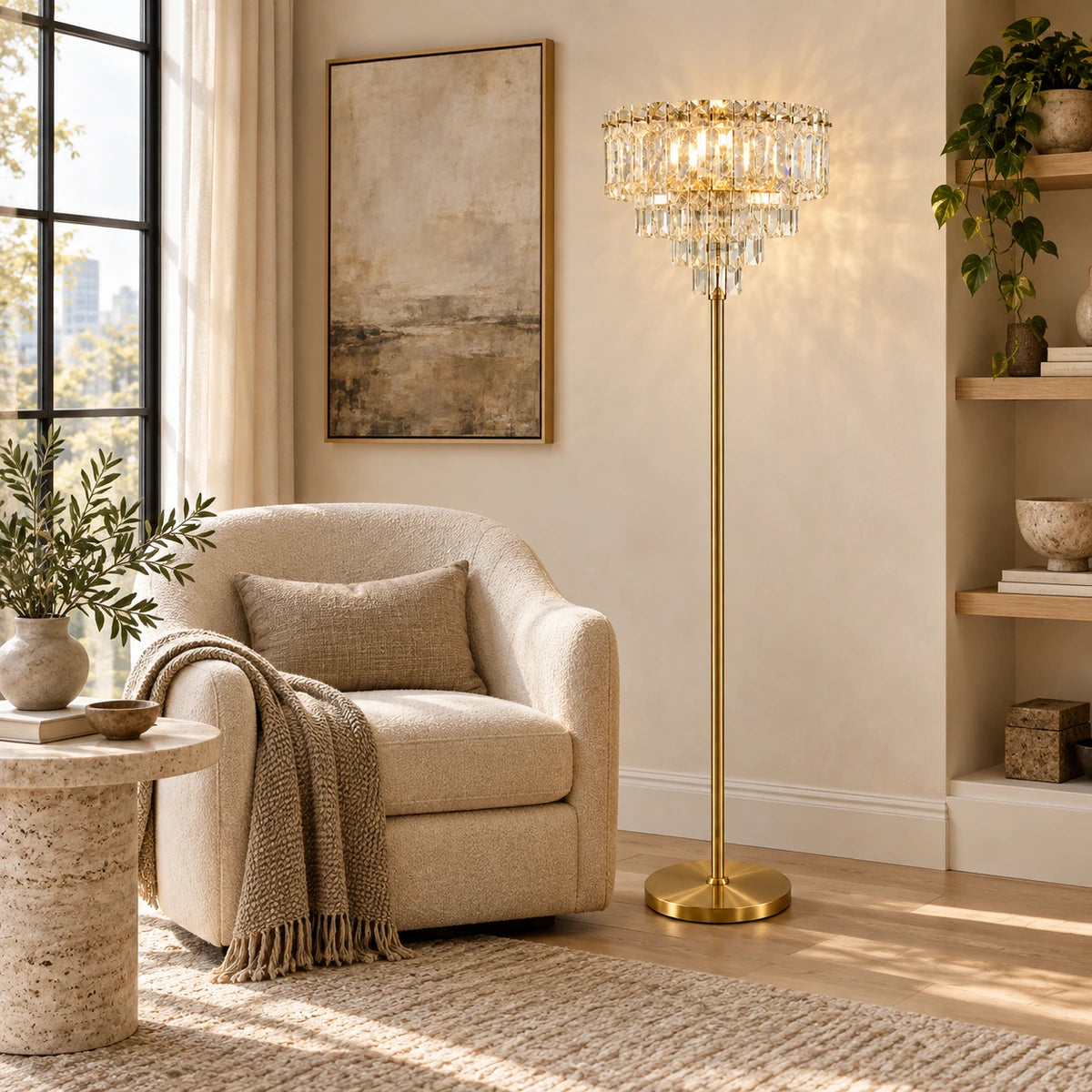 Full faceted-accent floor lamp at scale beside a reading chair