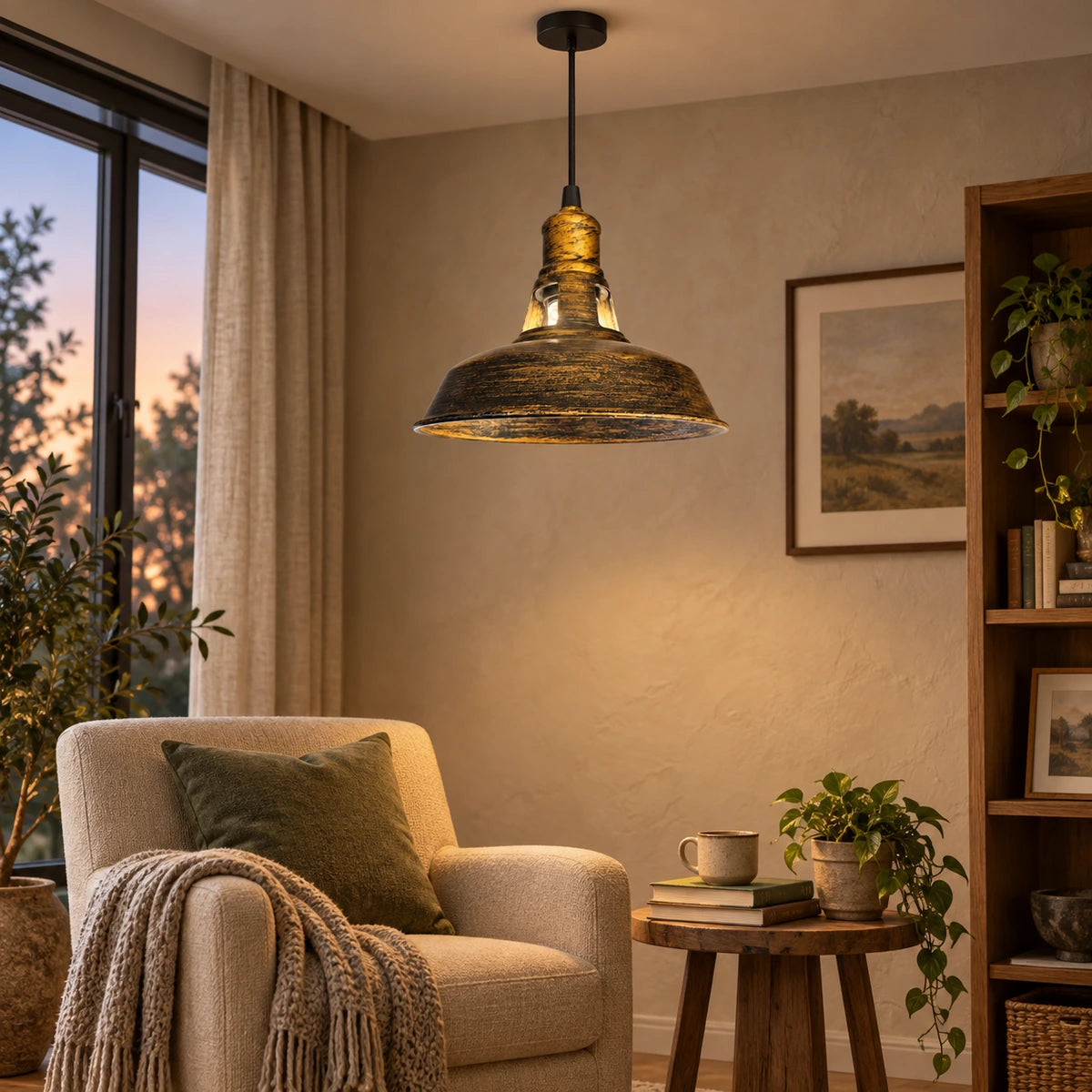 Antique-gold dome pendant in a living room reading corner