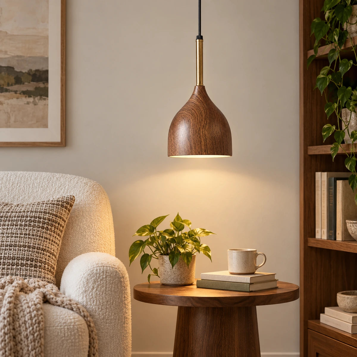 Wood-grain teardrop pendant beside a reading corner