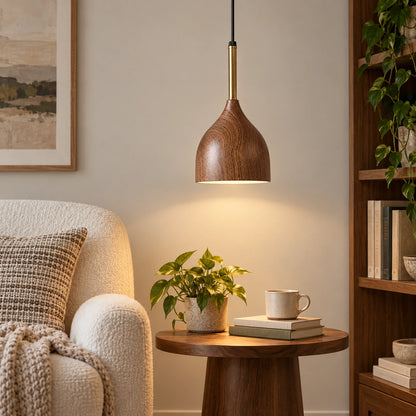 Wood-grain teardrop pendant beside a reading corner