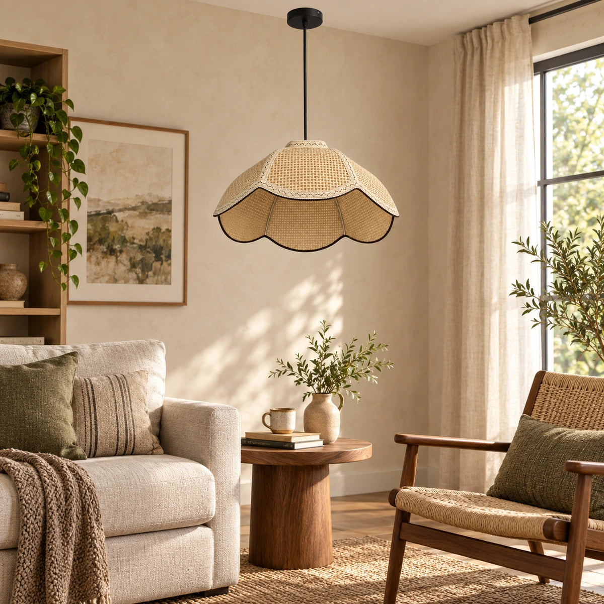 Off-white woven dome pendant in a living room reading corner