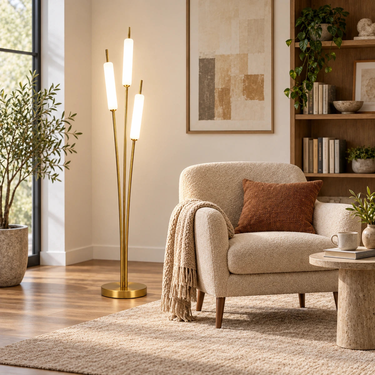 Three-tube floor lamp at scale beside a reading chair