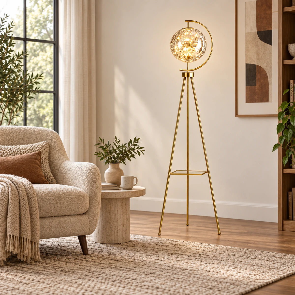 Globe tripod floor lamp at scale beside a reading chair