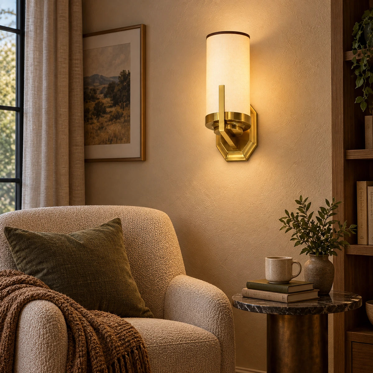 Cylinder shade wall sconce illuminating an indoor reading nook