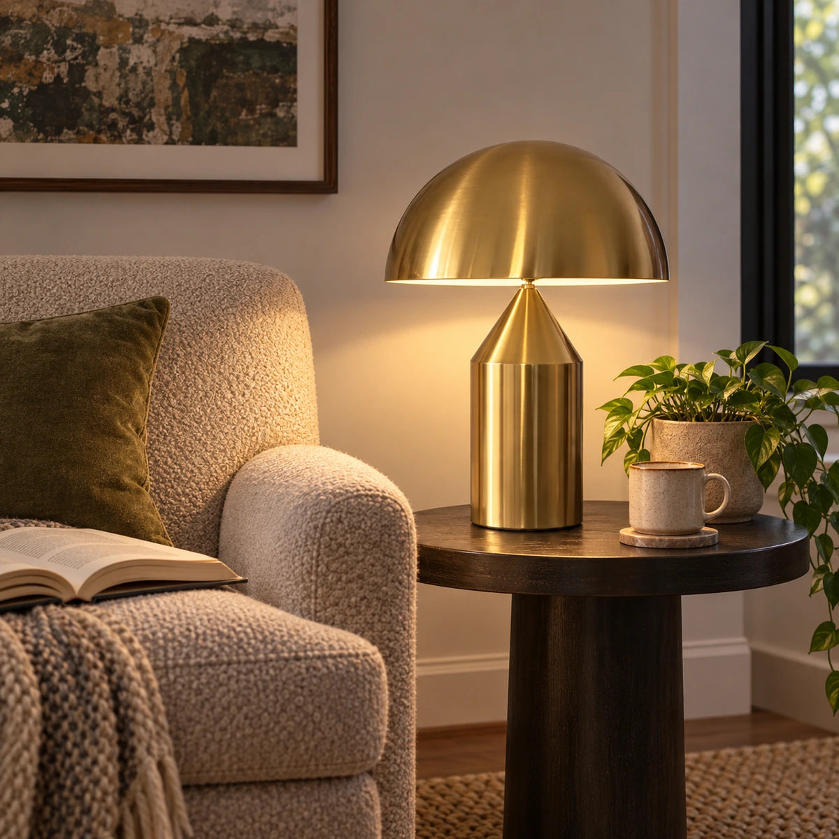 Antique-gold dome table lamp providing warm light in a reading nook