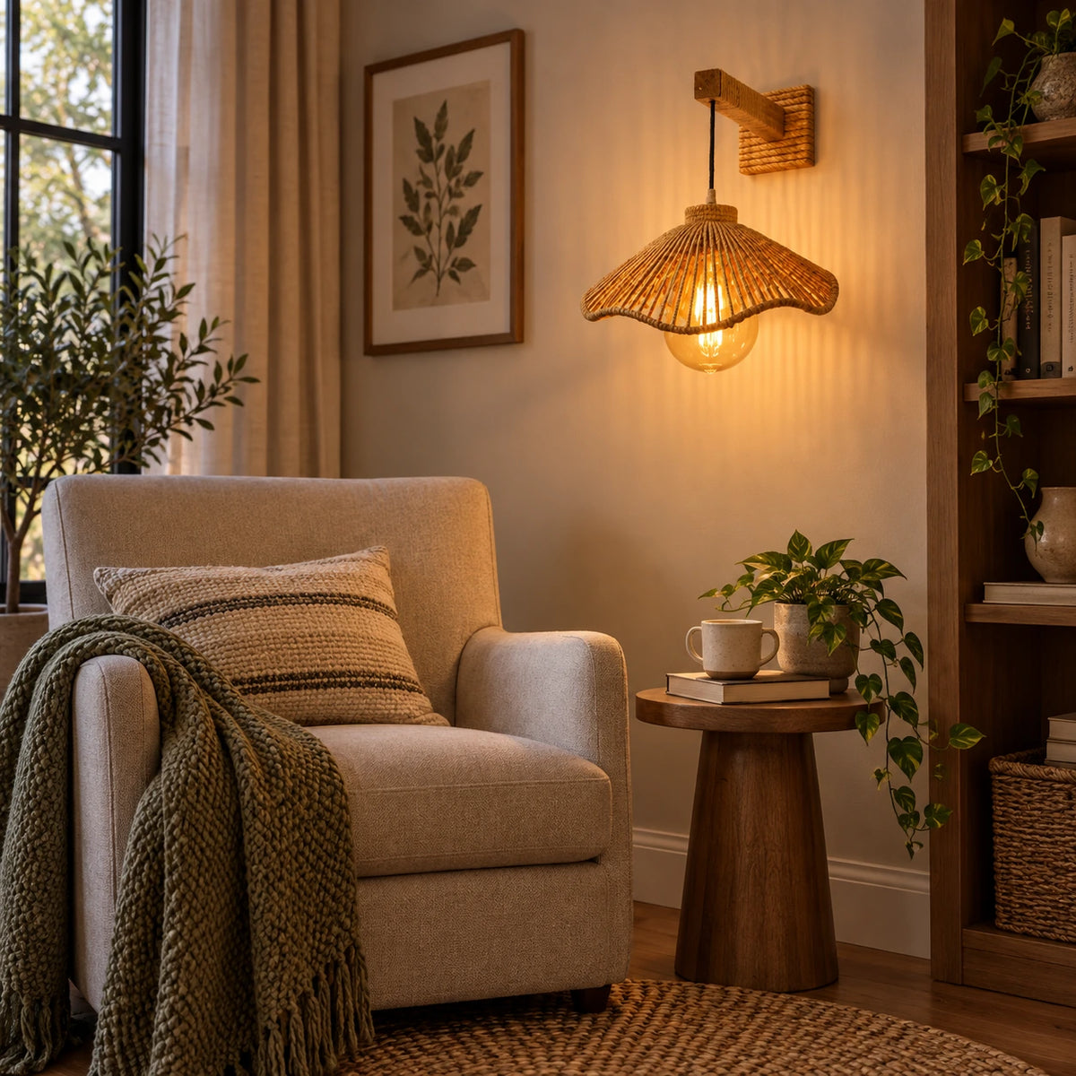 Woven bell shade wall sconce shown in a reading corner