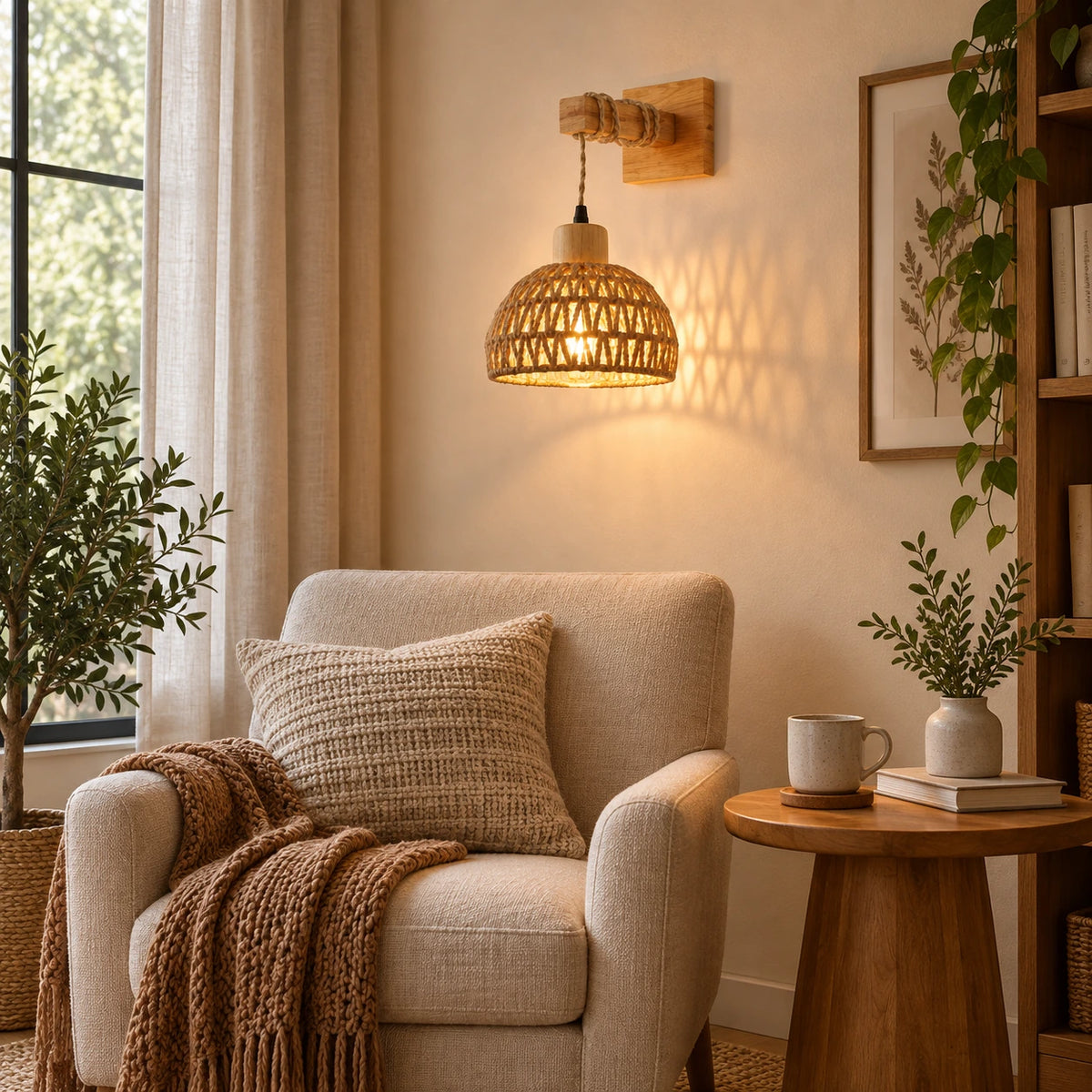 Woven dome shade wall sconce shown in a reading corner
