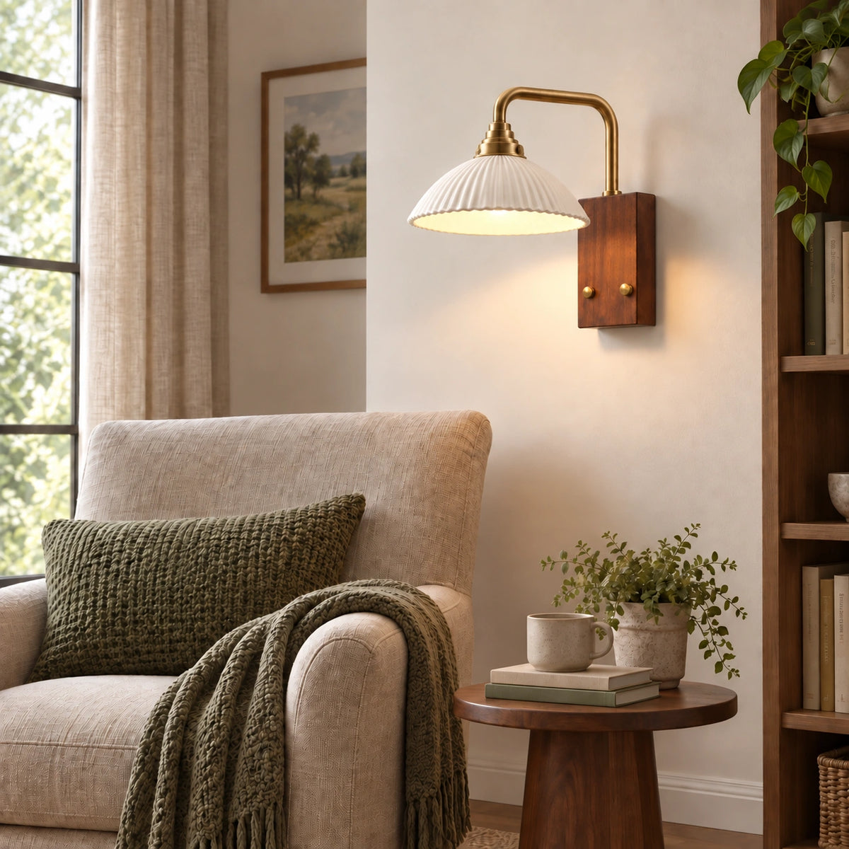 Ceramic dome reading wall sconce shown in a reading corner with both backplate fixings visible