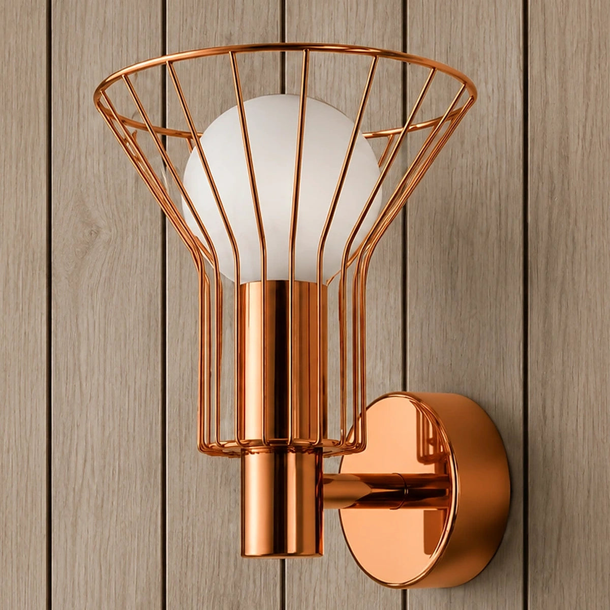 Close-up of the rose-gold wire cage, globe and wall mount