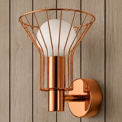 Close-up of the rose-gold wire cage, globe and wall mount
