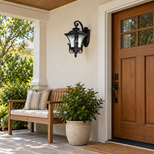 Dark tapered scroll-arm lantern shown beside a timber door above a bench on a covered porch