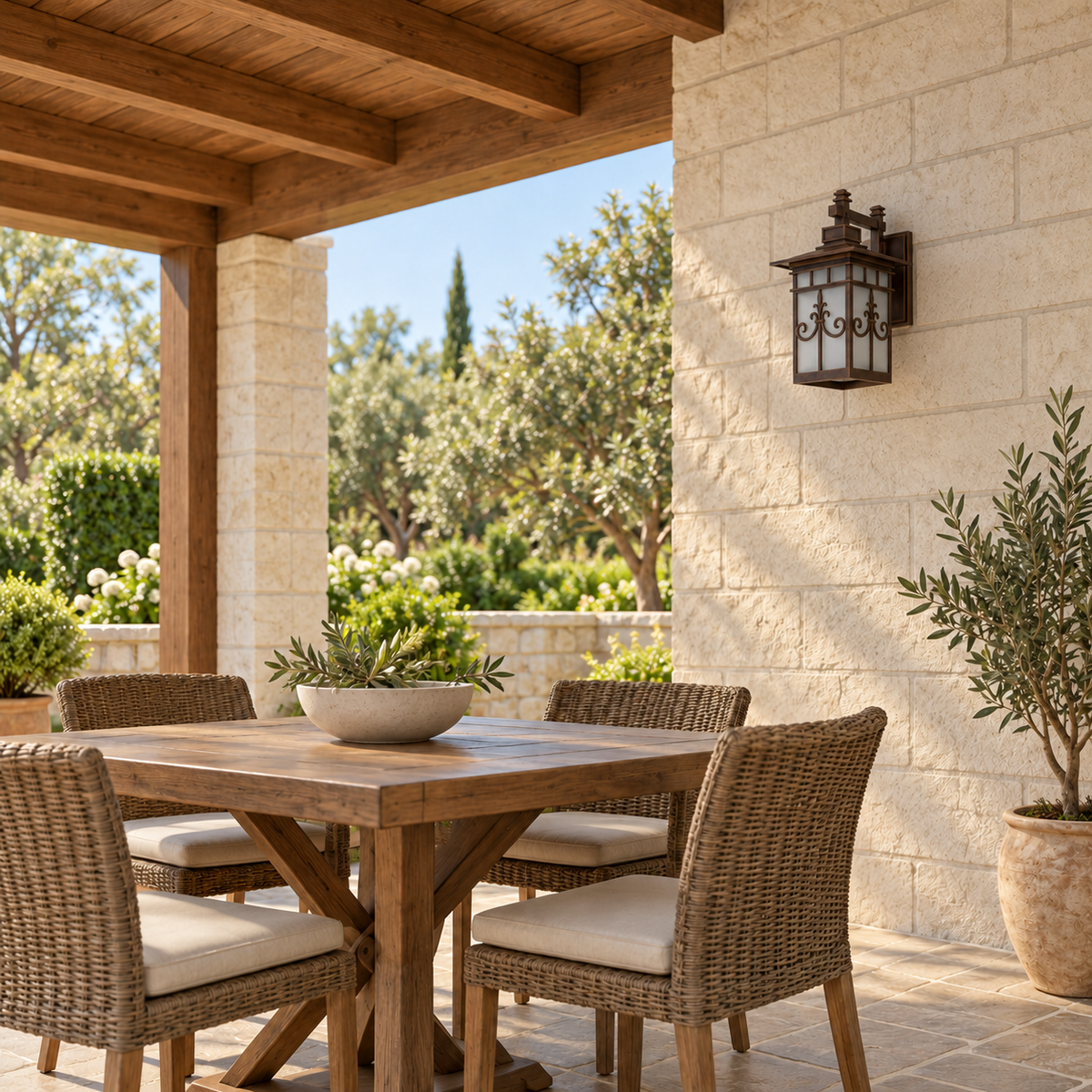 Scroll-panel bracket wall lantern in a covered dining setting, styled illustration