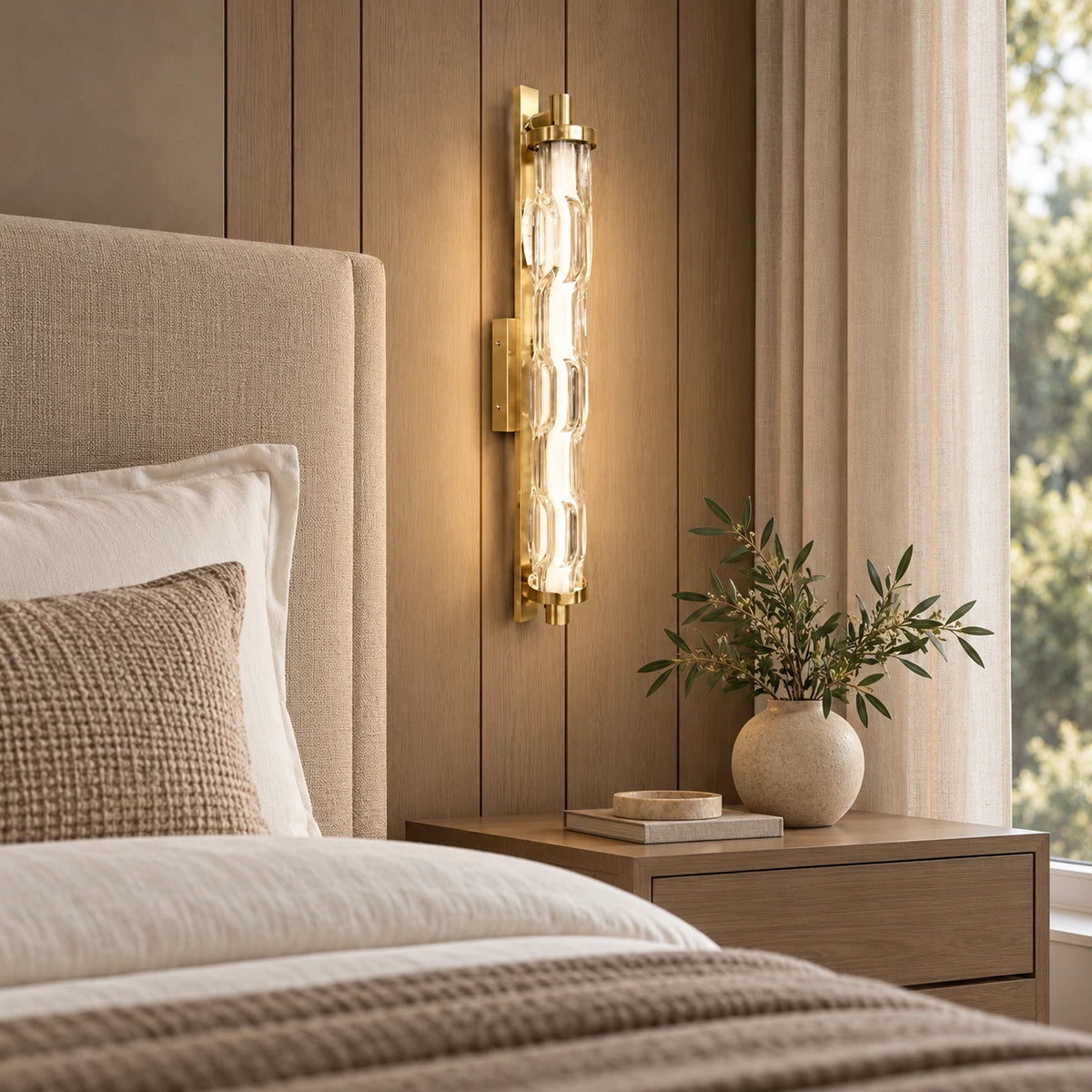 Sculpted clear-glass gold wall light beside a bed