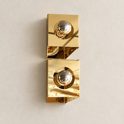Sculptural twin-globe polished gold wall light, full product hero