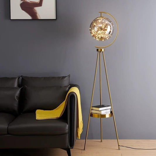 Original supplier illustration of SI-F07 patterned globe tripod floor lamp with round rimmed tray; room scale unverified