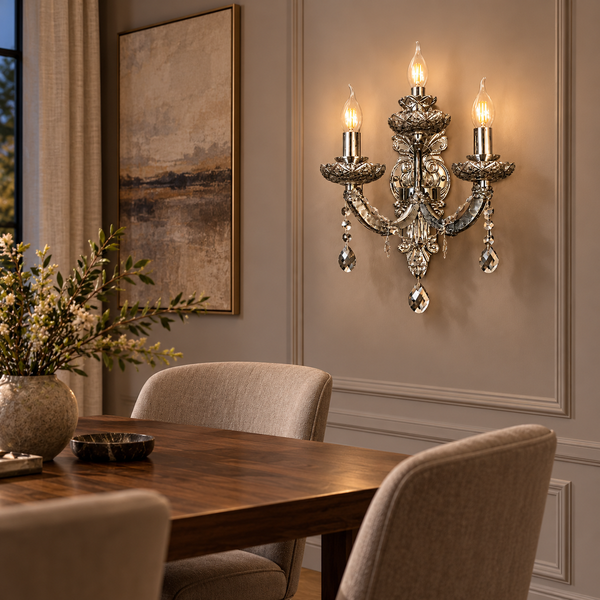 Decorative smoked wall light beside a dining table