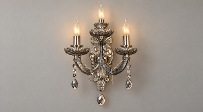 Smoked ornate wall light with three candle-style forms