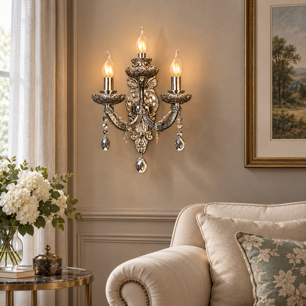 Decorative smoked wall light in a furnished living room