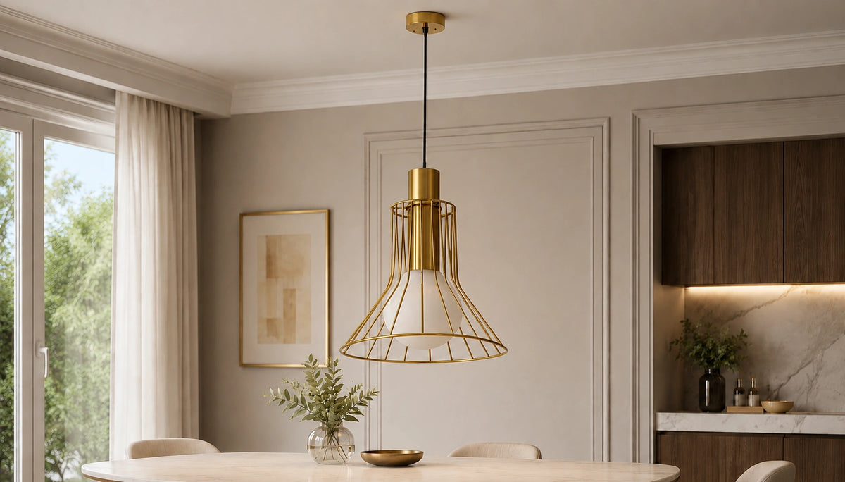 Solenne gold wire pendant above a contemporary dining table by day