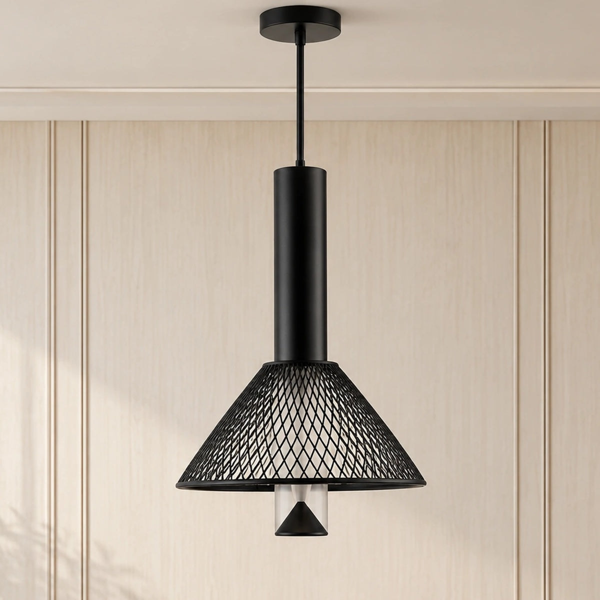 Square supplier-context view of the Nocturne matte-black mesh pendant light