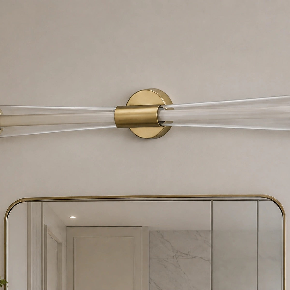 Square supplier-context view of the Elara brushed-gold twin-tube LED mirror light