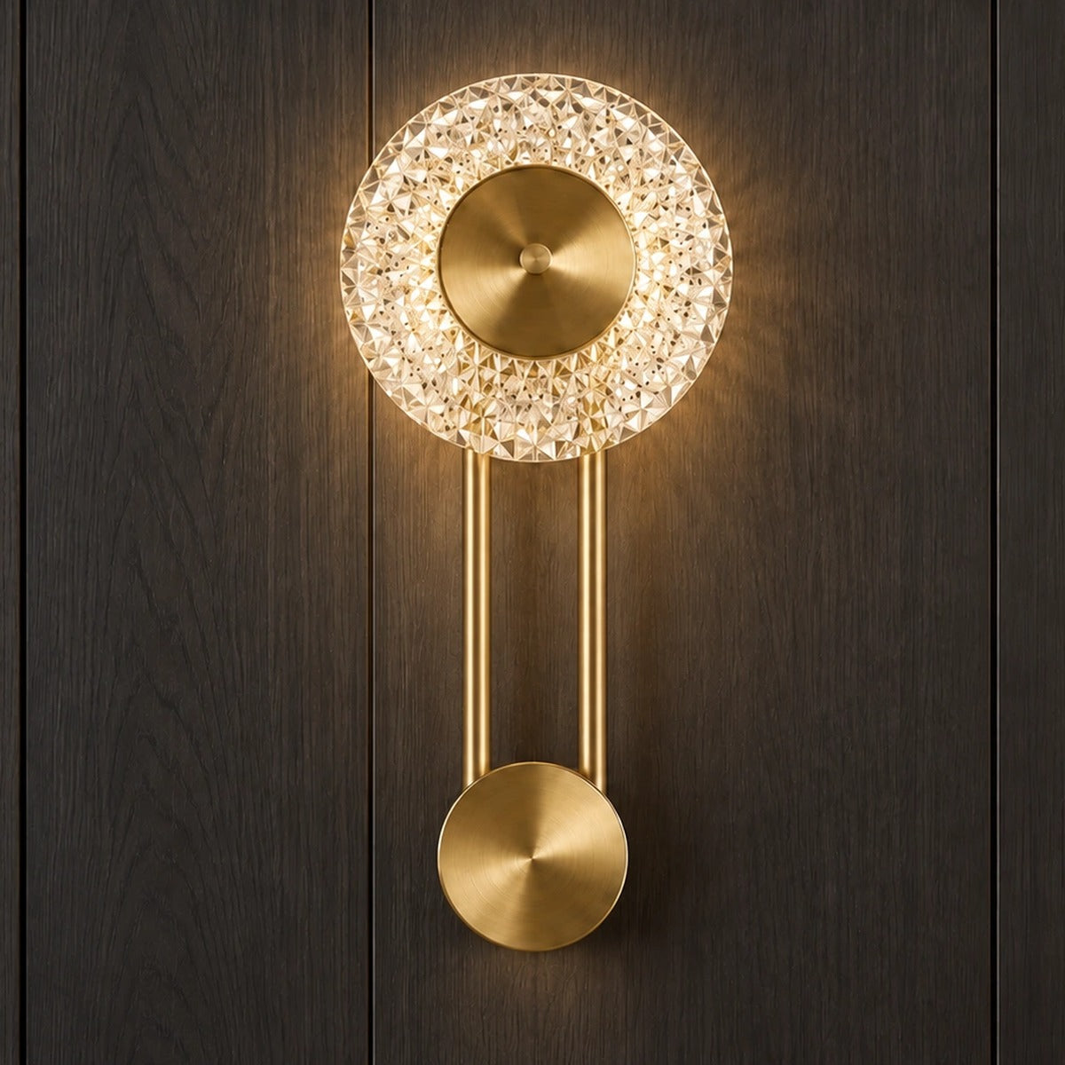 Square supplier-context view of the Celestine brushed-gold crystal LED wall light