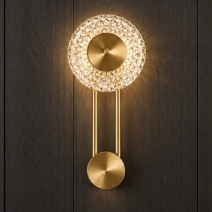 Square supplier-context view of the Celestine brushed-gold crystal LED wall light
