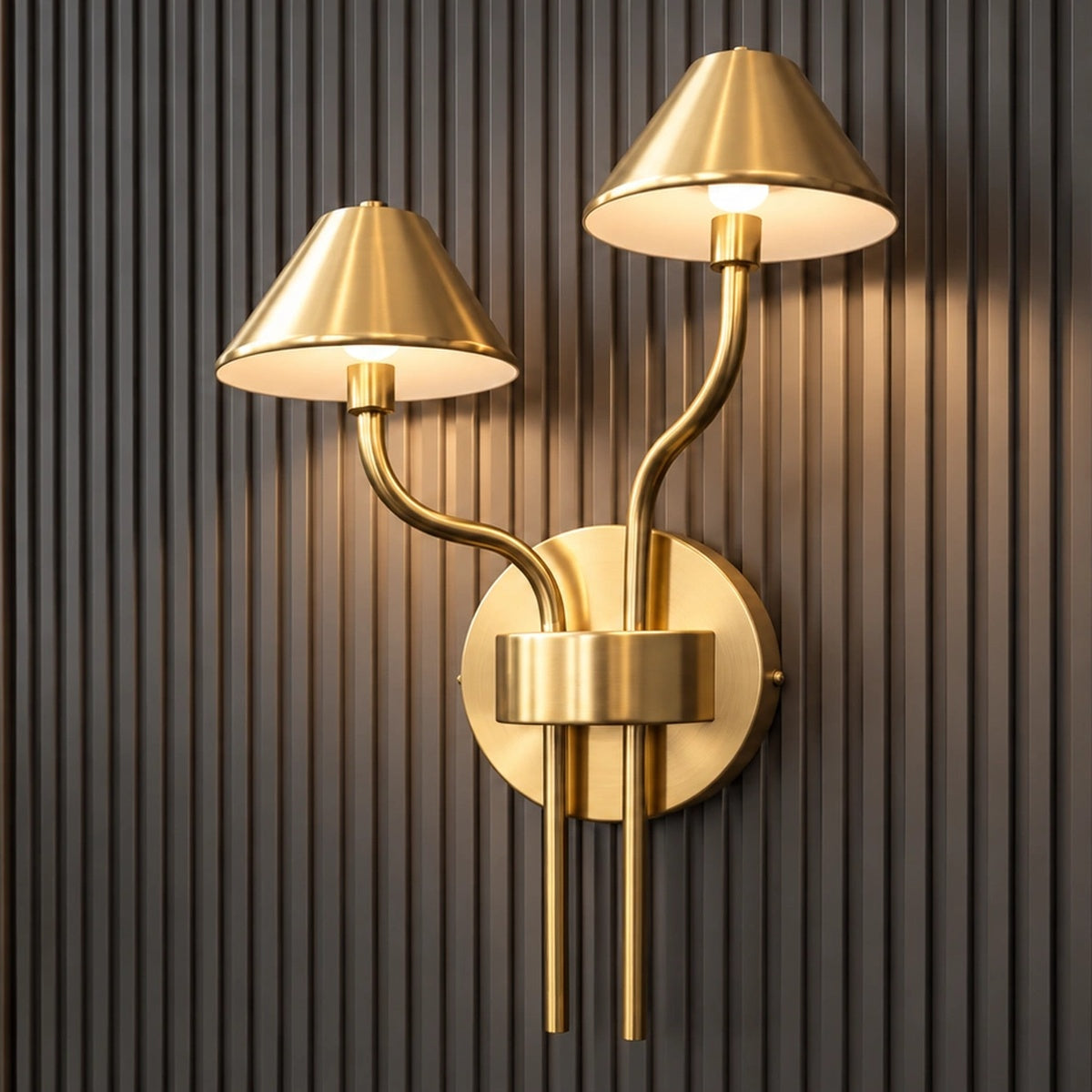 Square product view of the Auric vertical LED wall light illuminated on a dark wood wall