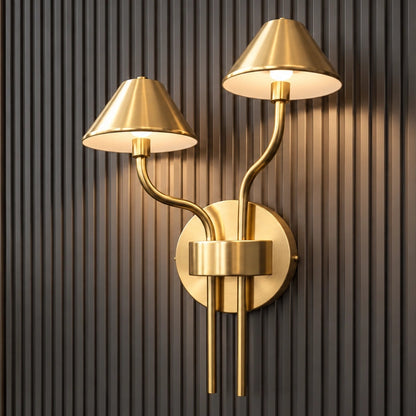 Square product view of the Auric vertical LED wall light illuminated on a dark wood wall