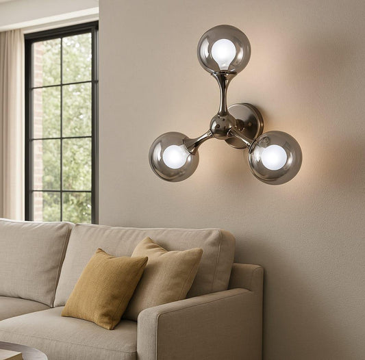 Original supplier illustration of SR1079 smoke-glass wall sconce; room scale and installation clearance are not verified