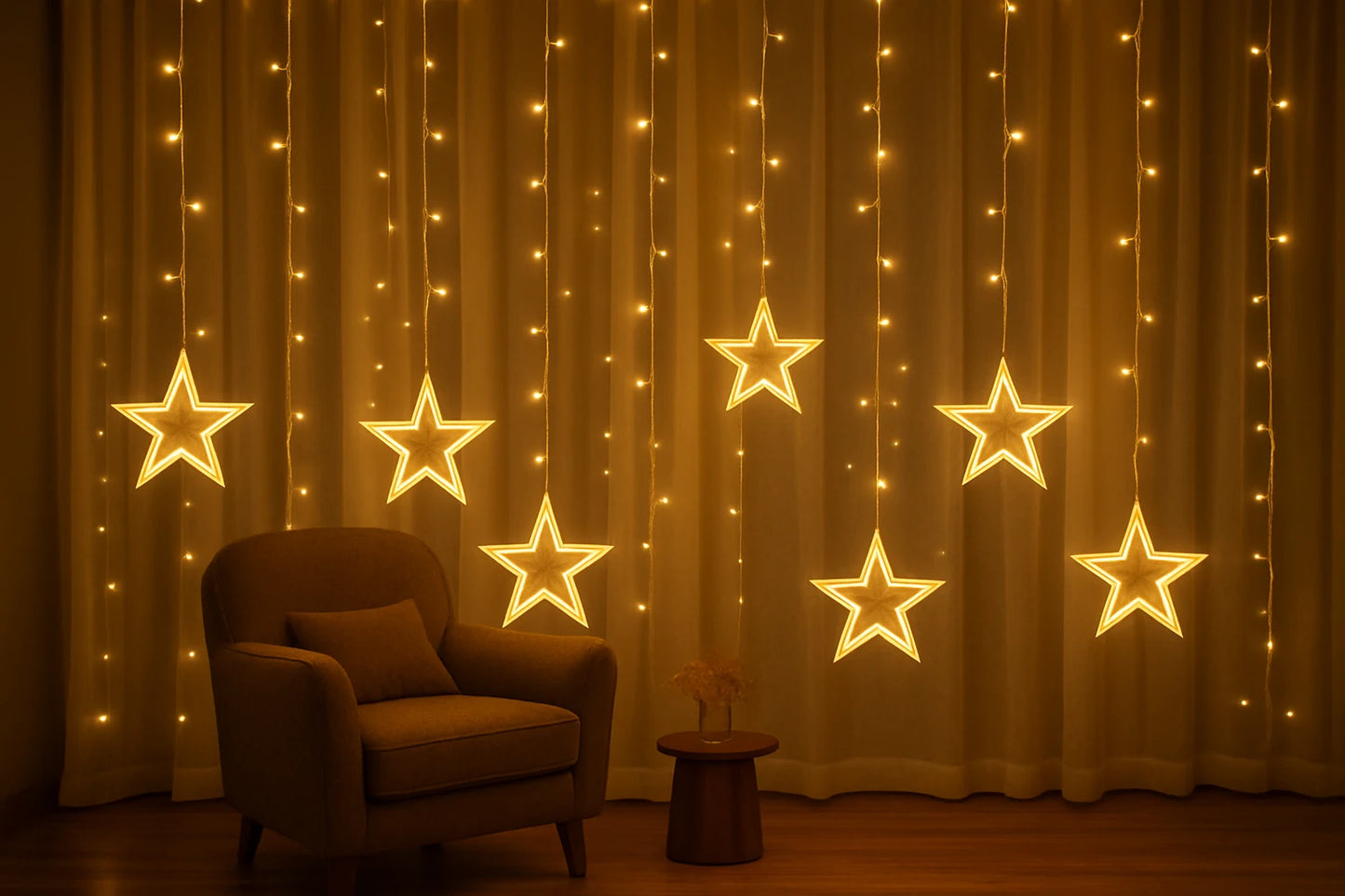B&B Golden Star Curtain LED String Lights – Warm White Hanging Decoration