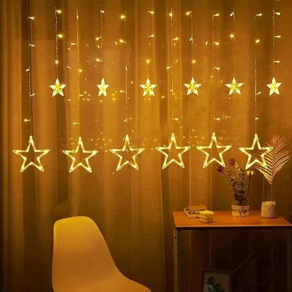 B&B Golden Star Curtain LED String Lights – Warm White Hanging Decoration