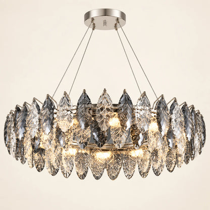 Oval crystal leaf chandelier on a clean studio background