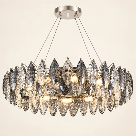 Oval crystal leaf chandelier on a clean studio background
