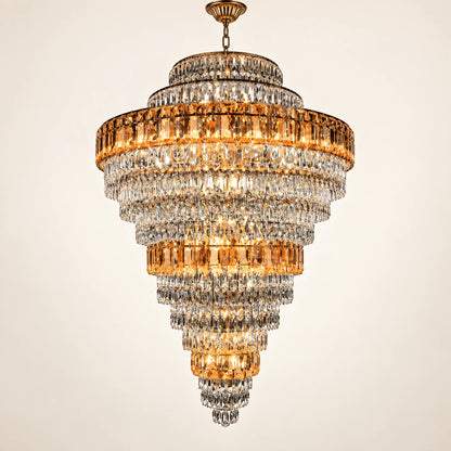 Tiered amber crystal chandelier on a clean studio background
