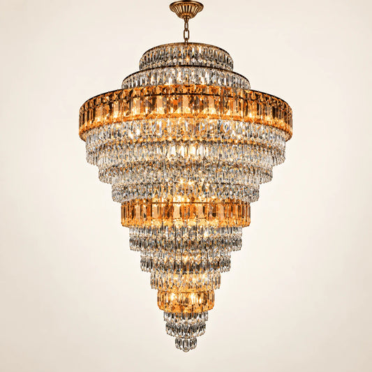 Tiered amber crystal chandelier on a clean studio background