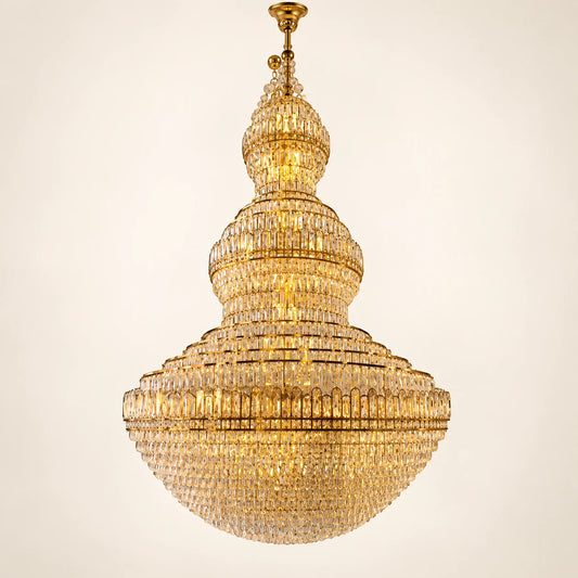 Grand tiered dome crystal chandelier on a clean studio background