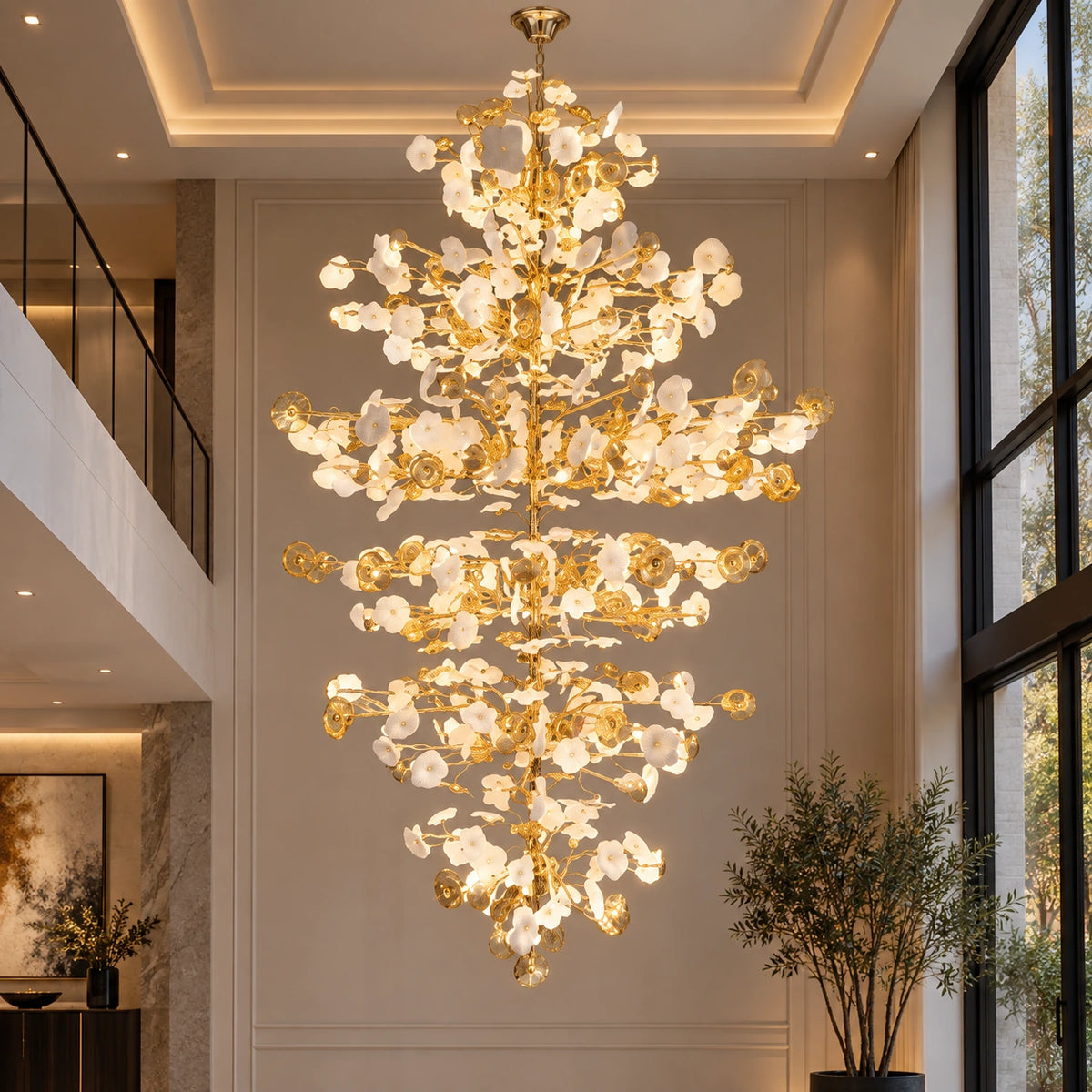 Porcelain leaf branch chandelier in a double-height interior