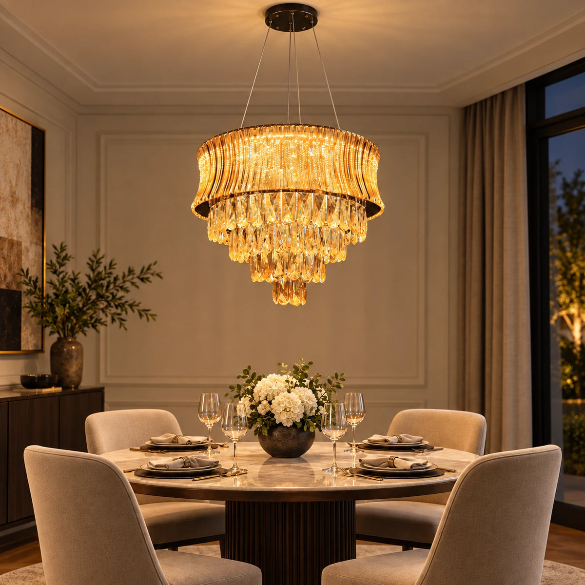 Amber tiered fringe chandelier above a refined dining table