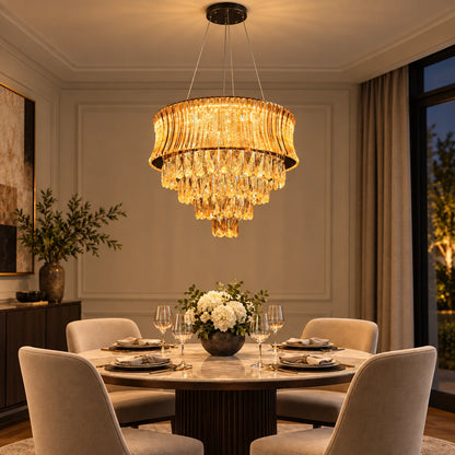 Amber tiered fringe chandelier above a refined dining table