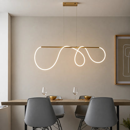 Looped ribbon linear pendant in a refined dining setting