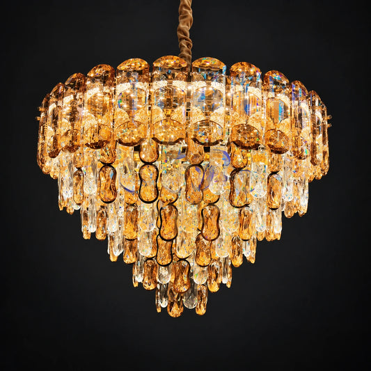 Tiered faceted drop chandelier on a charcoal studio background