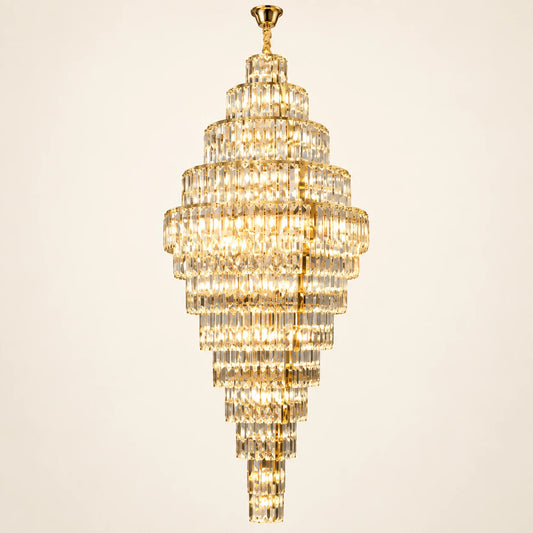Grand vertical crystal cascade chandelier on a clean studio background
