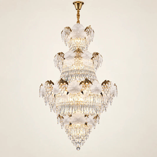 Tiered white crystal leaf chandelier on a clean studio background