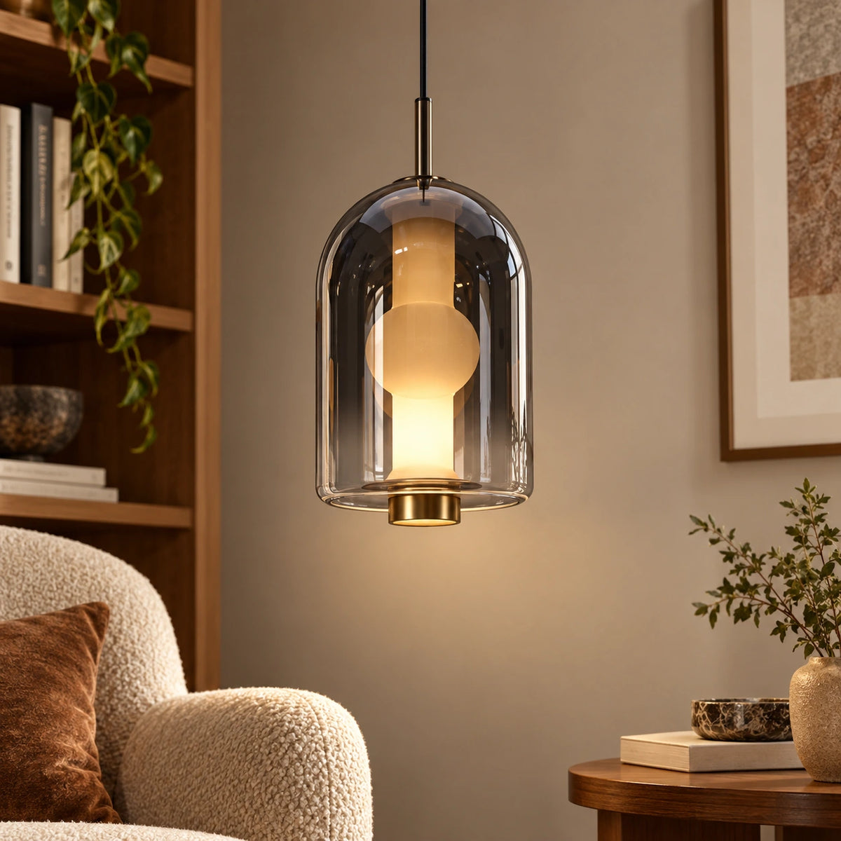 Smoke capsule glass pendant in a warm reading corner