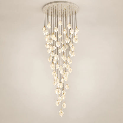Cascading white petal double-height chandelier on a clean studio background